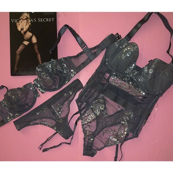 NWT Victoria's Secret unlined 32C BRA SET+thong+garter TEDDY GRAY SILVER foil